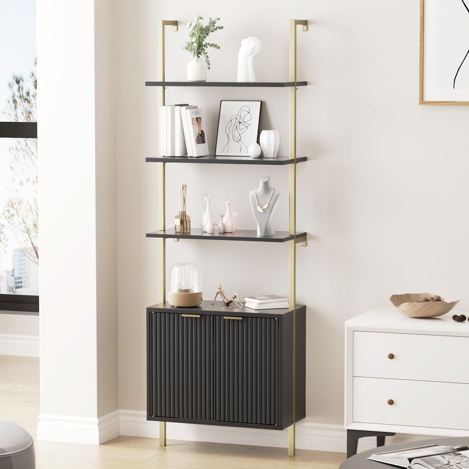 71-Inch Ladder Bookshelf with Cabinet, Black & Gold