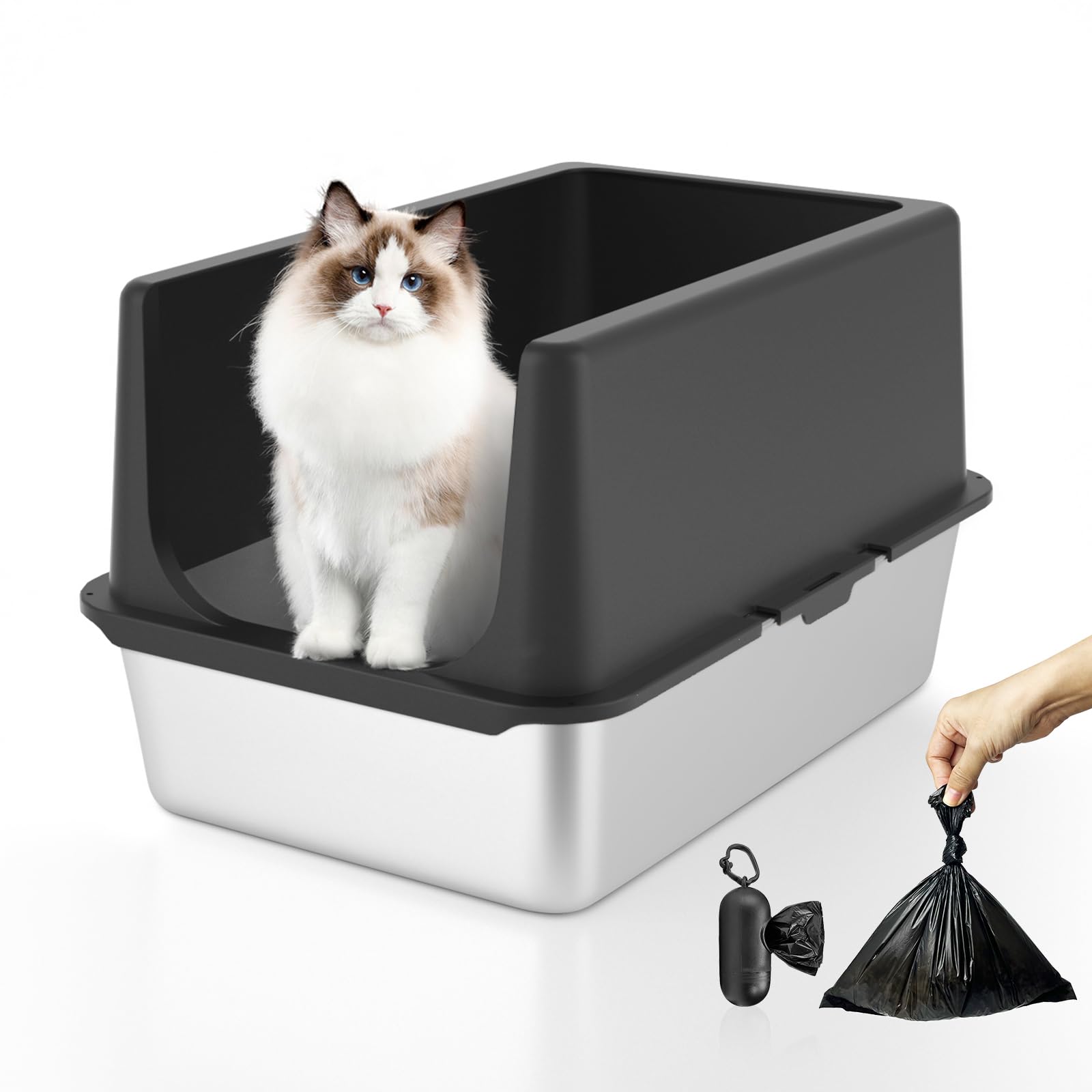 Stainless Steel Litter Box with Lid, Anti-Slip Base