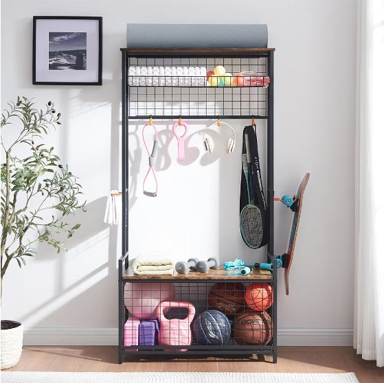 Garage Sports Equipment Storage Rack with Bench