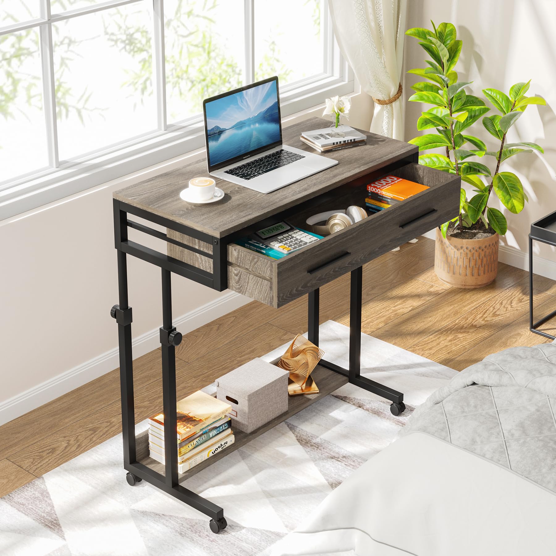 Height-Adjustable Rolling Laptop Desk with Drawer