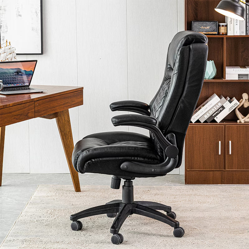 Wide-Seat Leather Office Chair, Flip-Up Arms, 400lb