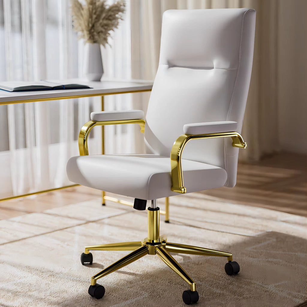 Executive High-Back Leather Office Chair with Gold Accents