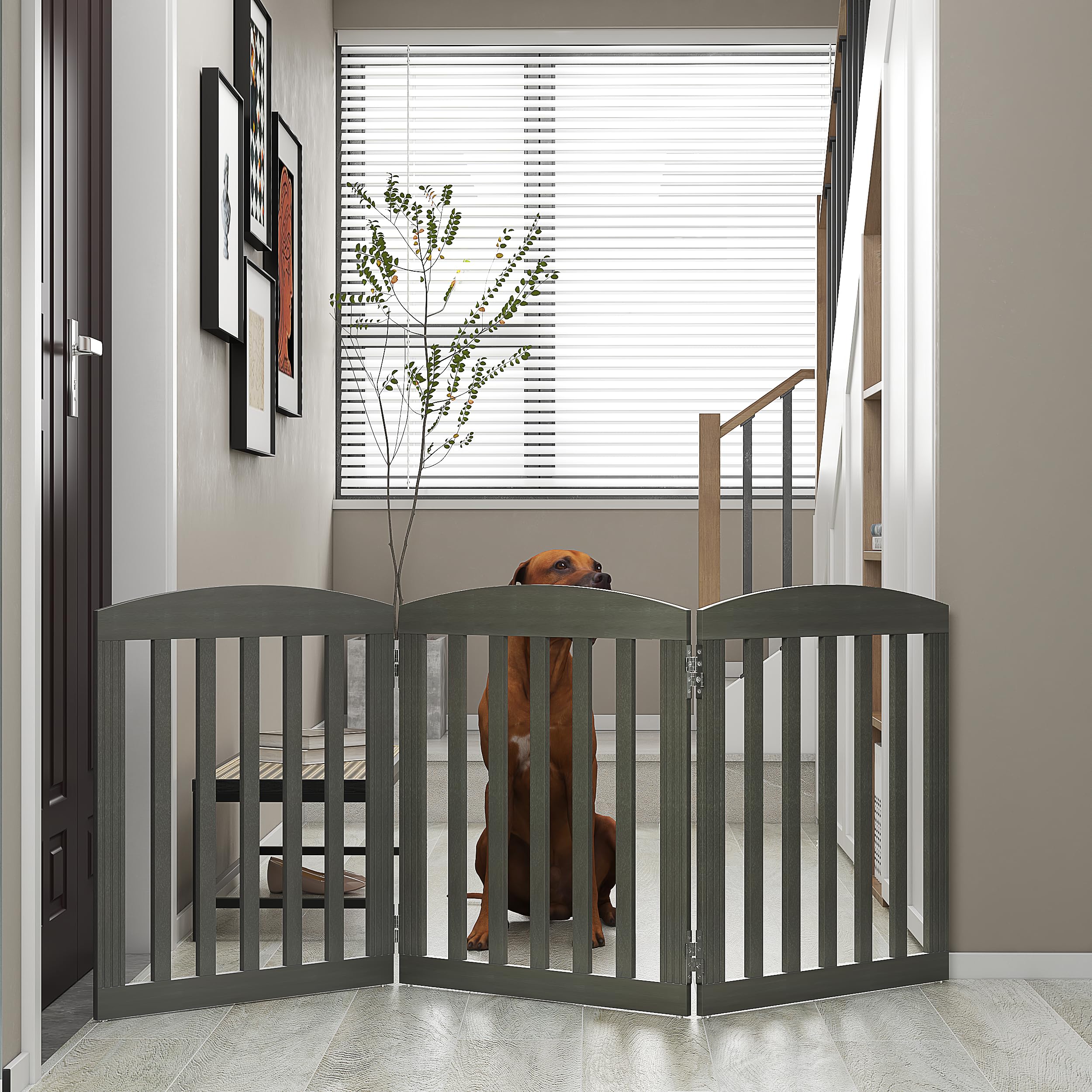 Wooden Freestanding Foldable Dog Gate - 3 Panels, Grey