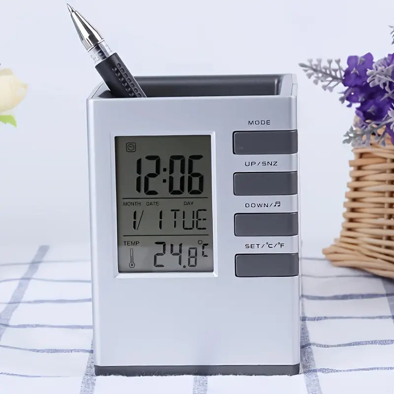 Retro Multifunctional Pen Holder Clock with Temp Display