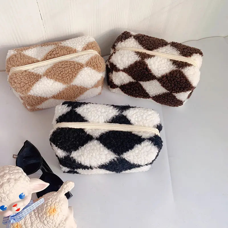 Checkered Plush Cosmetic Bag Aesthetic Travel Pouch