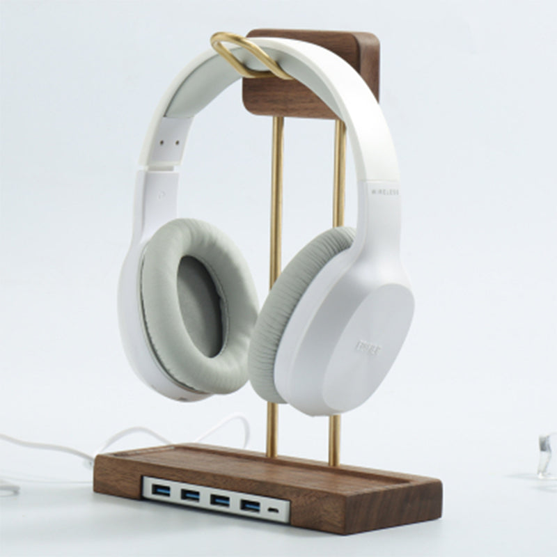 Walnut Wood and Brass Creative Headphone Stand with USB