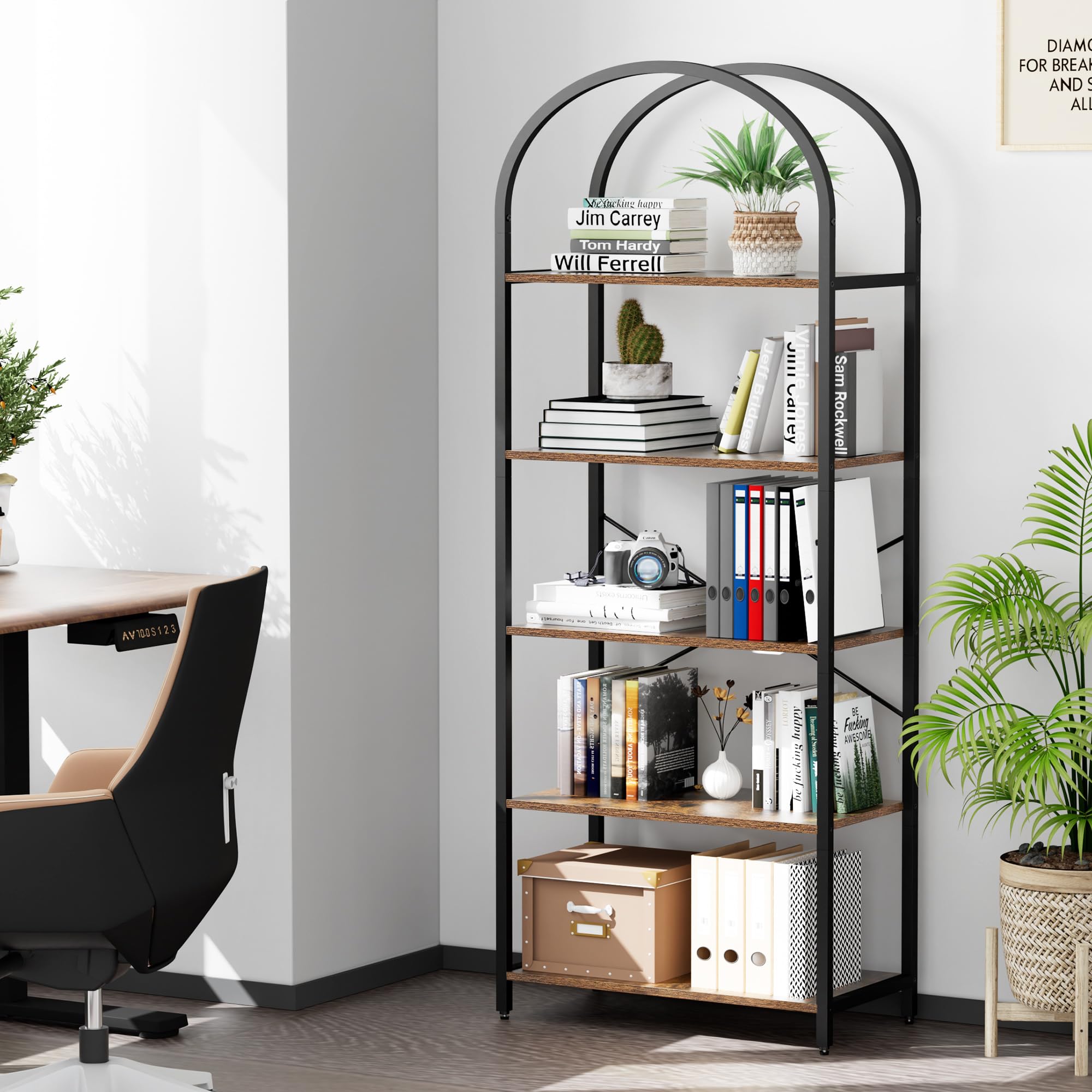5-Tier Arched Bookshelf, Wood & Metal