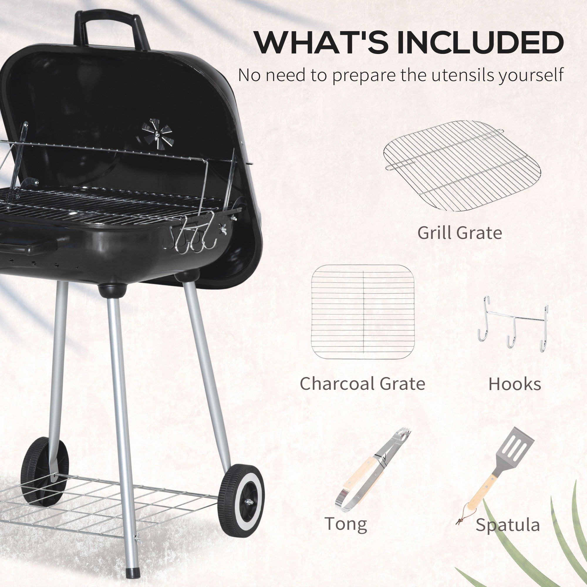 Portable BBQ Charcoal Grill with Wheels and Utensils
