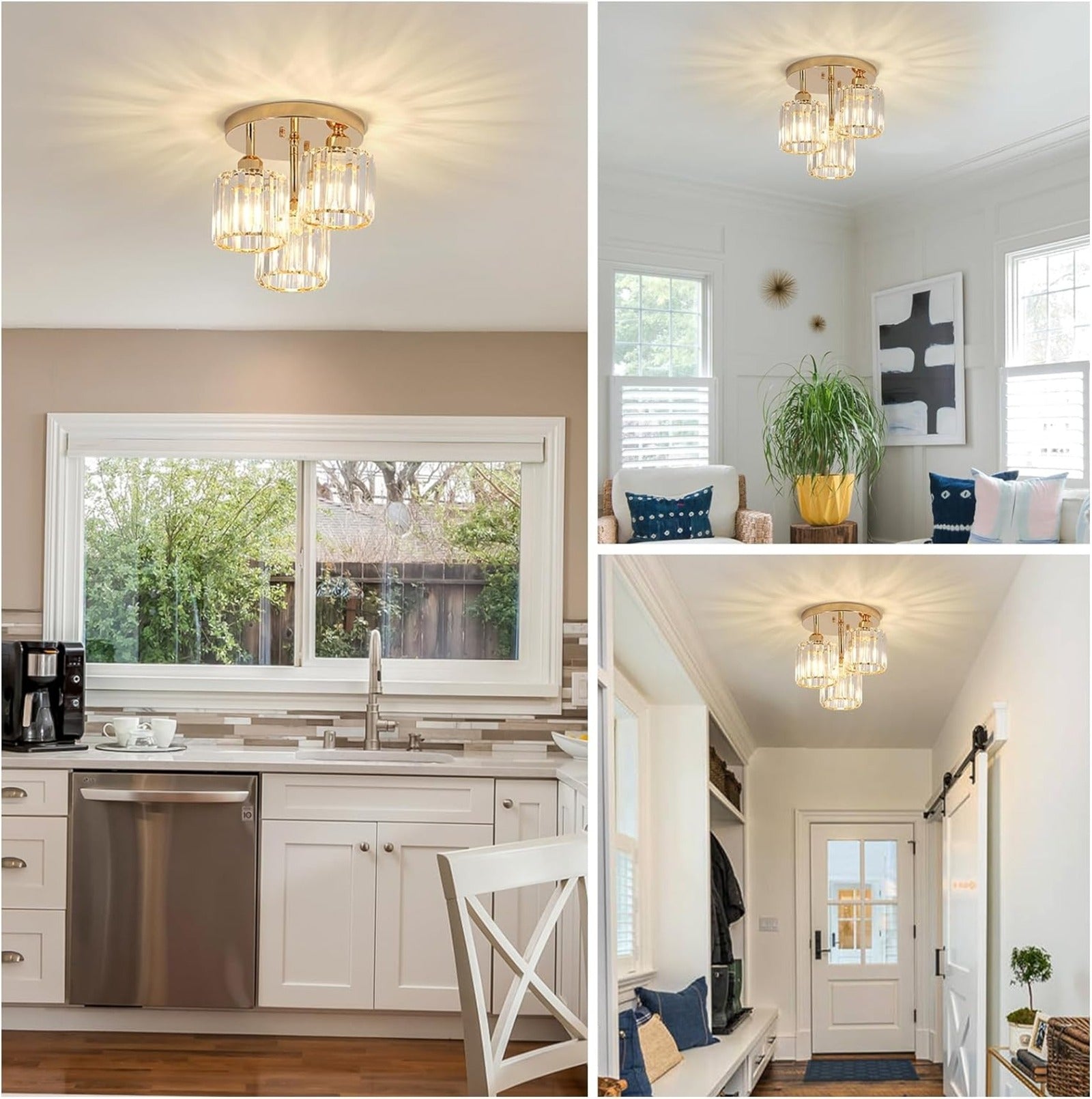 Modern 3-Light Crystal Semi-Flush Ceiling Light