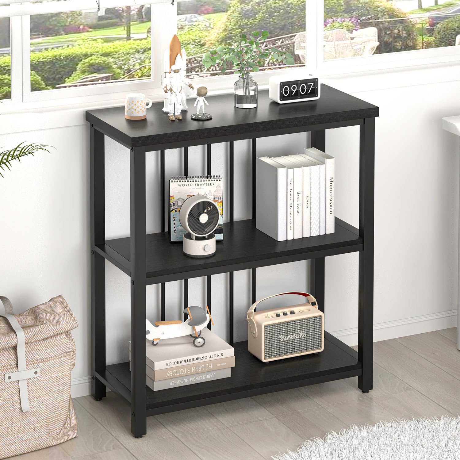 3-Tier Bookcase, Wood & Metal, Black Oak