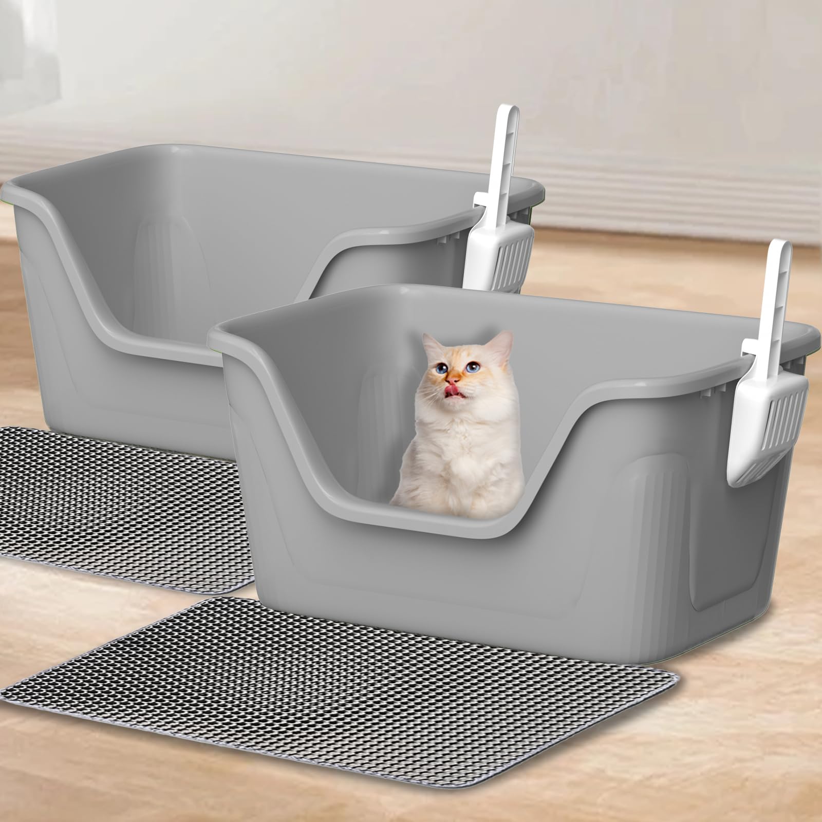Qonimm 2PCS High Sided Extra Large Cat Litter Box 25" L x 15.74" W x 13" H-Open Top Low Entry Jumbo Litter Box with Two Cat Litter Mat-Anti-Splashing Dog Puppy Kitty Cat Litter Boxes (Grey)