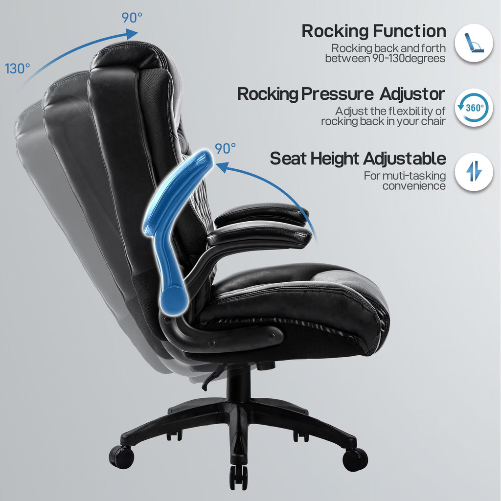Wide-Seat Leather Office Chair, Flip-Up Arms, 400lb