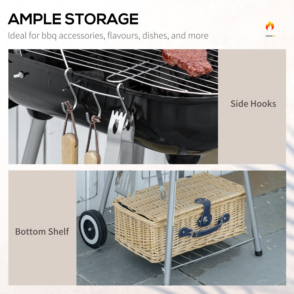 Portable BBQ Charcoal Grill with Wheels and Utensils