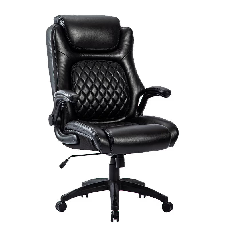 Wide-Seat Leather Office Chair, Flip-Up Arms, 400lb