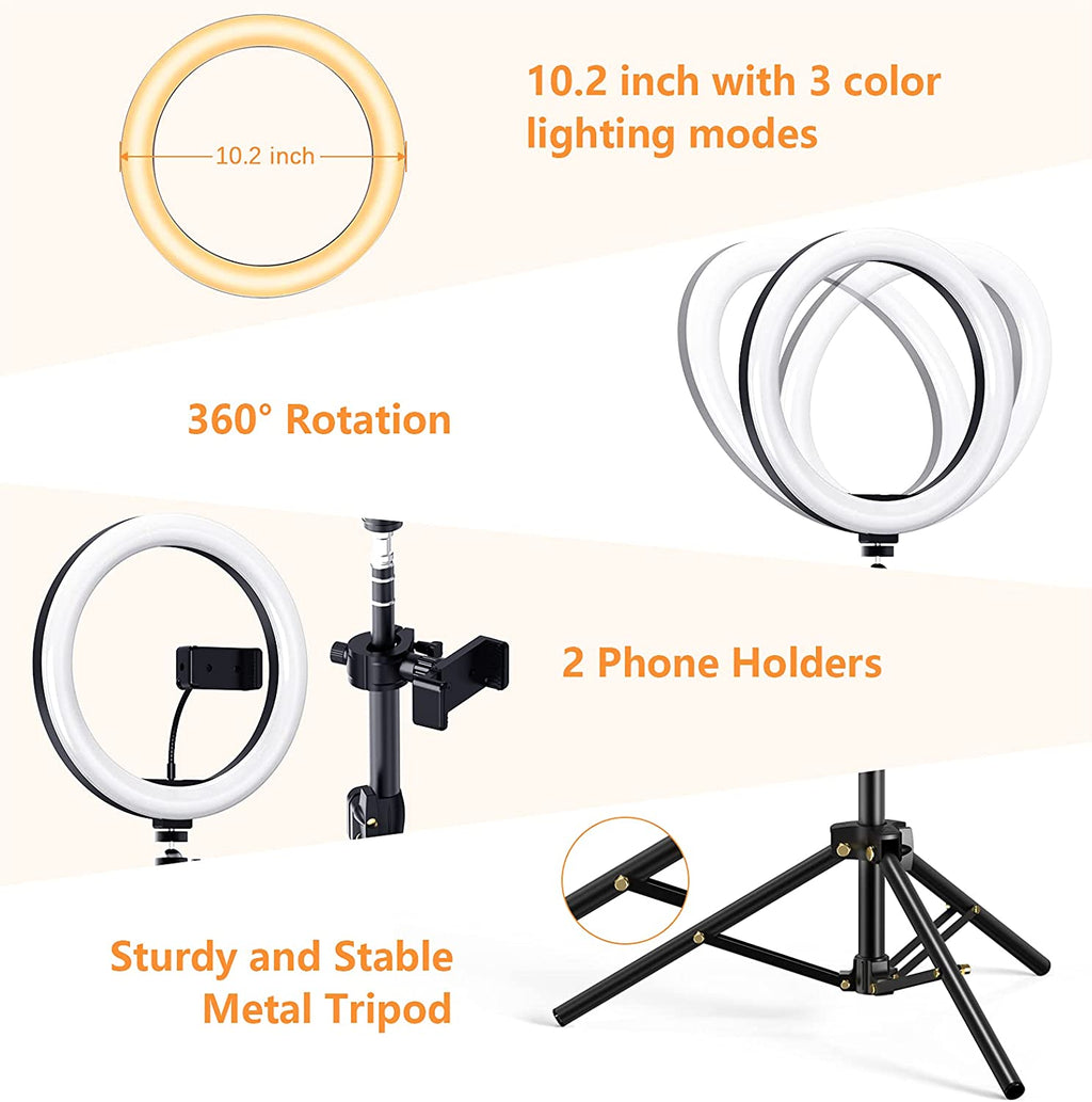10.2 Inch Dimmable Selfie Ring Light with Tripod and Phone Holders