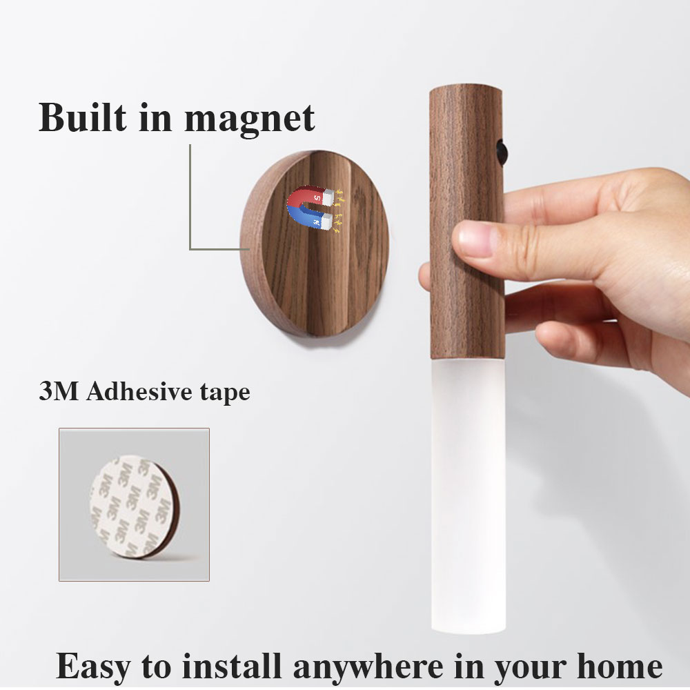 Magnetic Wood PIR Motion Sensor LED Night Light USB Rechargeable