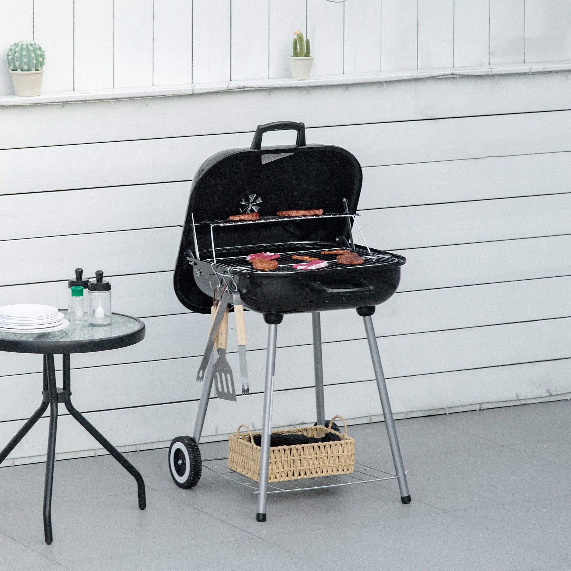Portable BBQ Charcoal Grill with Wheels and Utensils