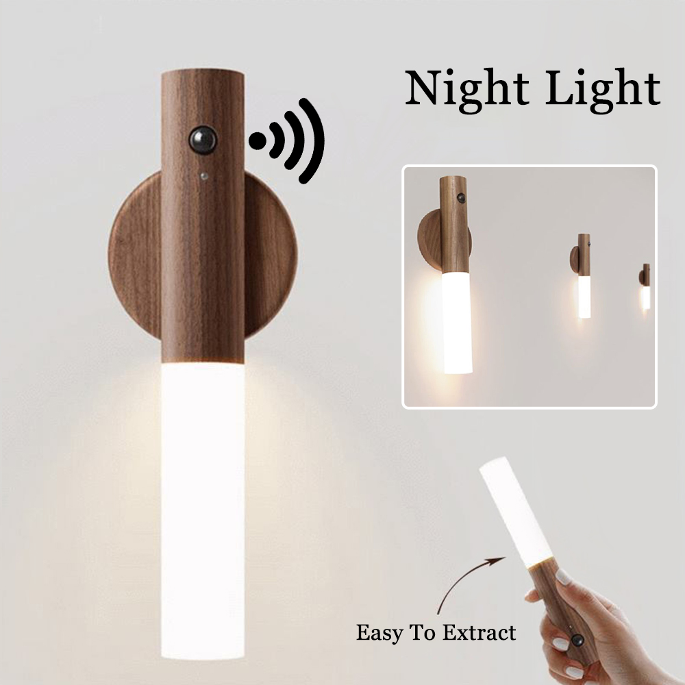 Magnetic Wood PIR Motion Sensor LED Night Light USB Rechargeable
