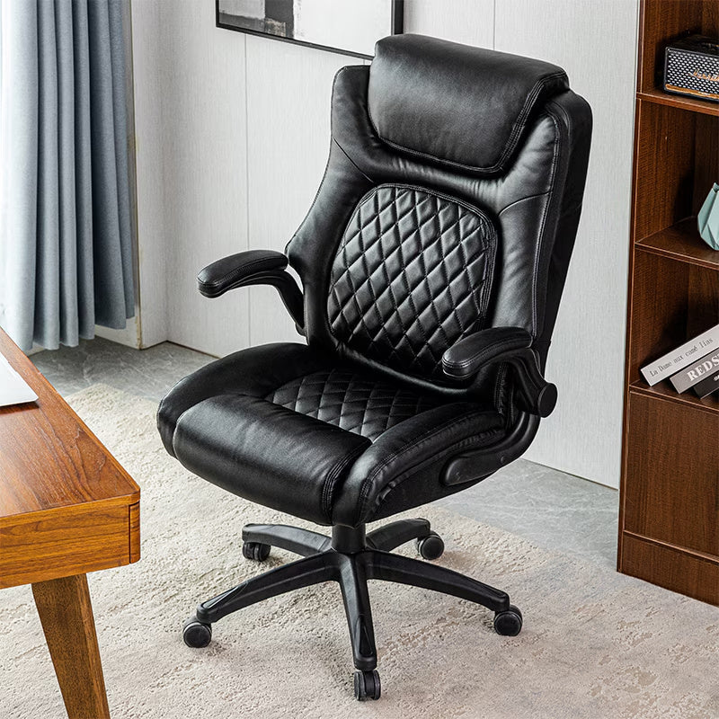 Wide-Seat Leather Office Chair, Flip-Up Arms, 400lb