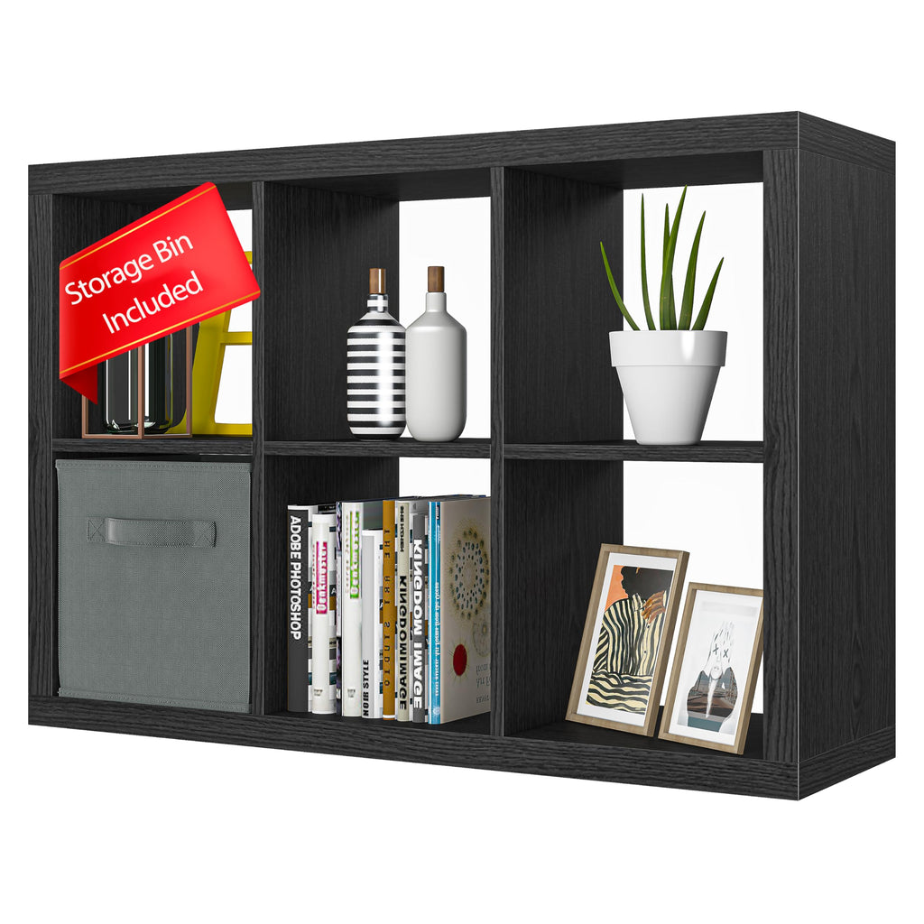 6-Cube Bookshelf with Storage Bins, Black