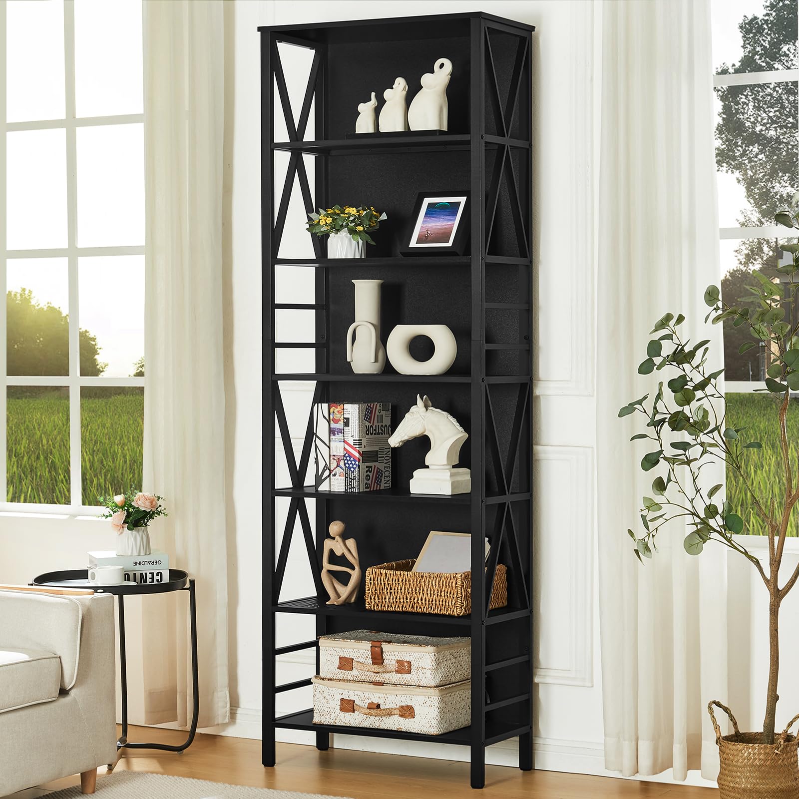 7-Tier Industrial Bookcase, Rustic Wood & Metal