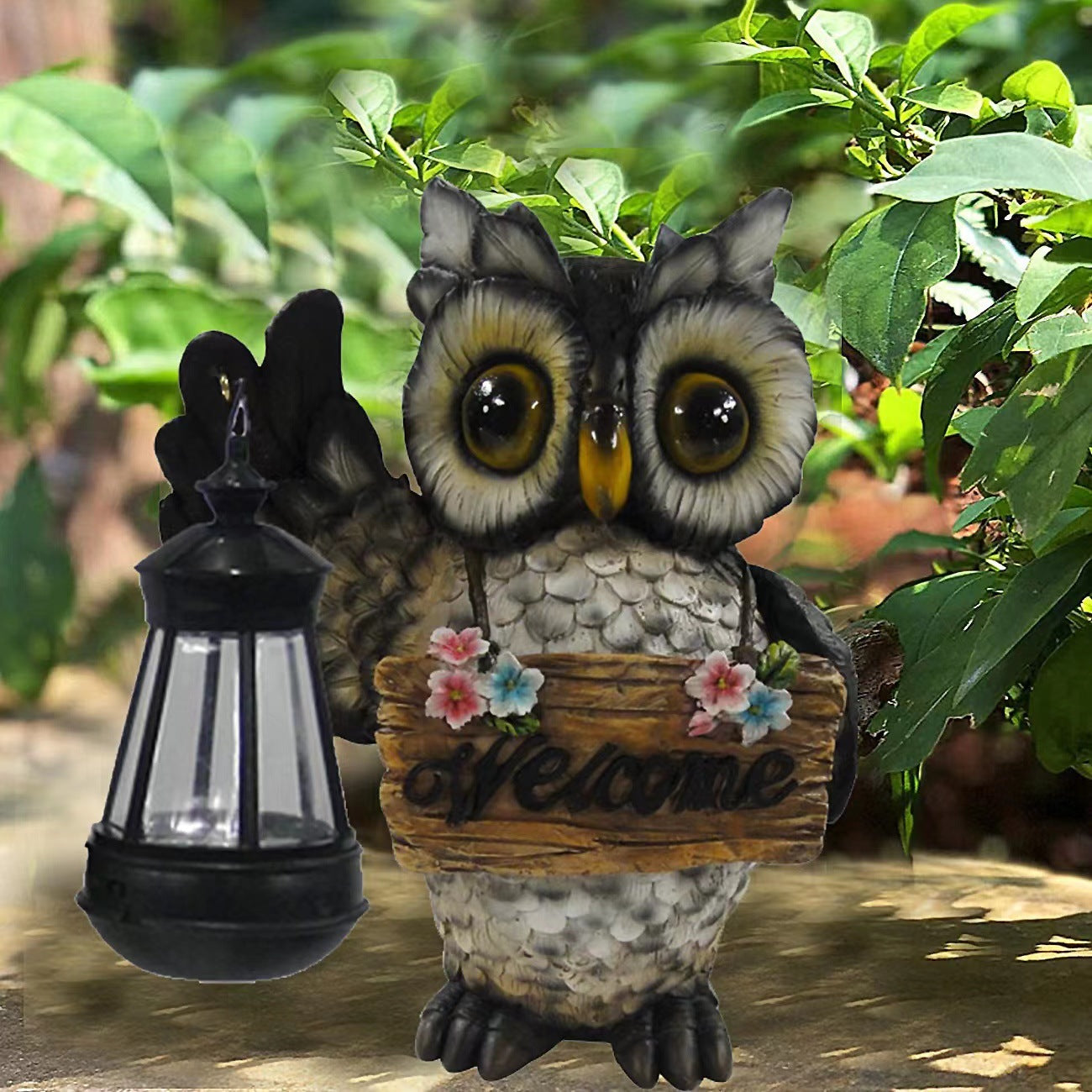 Solar Powered Resin Owl Lantern for Outdoor Decor