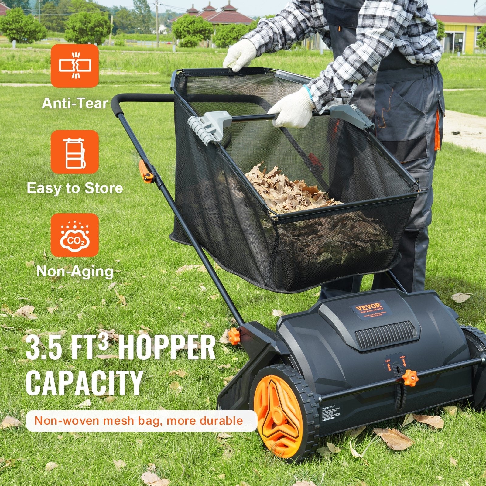 Manual Push Lawn Sweeper with 99L Grass Collector