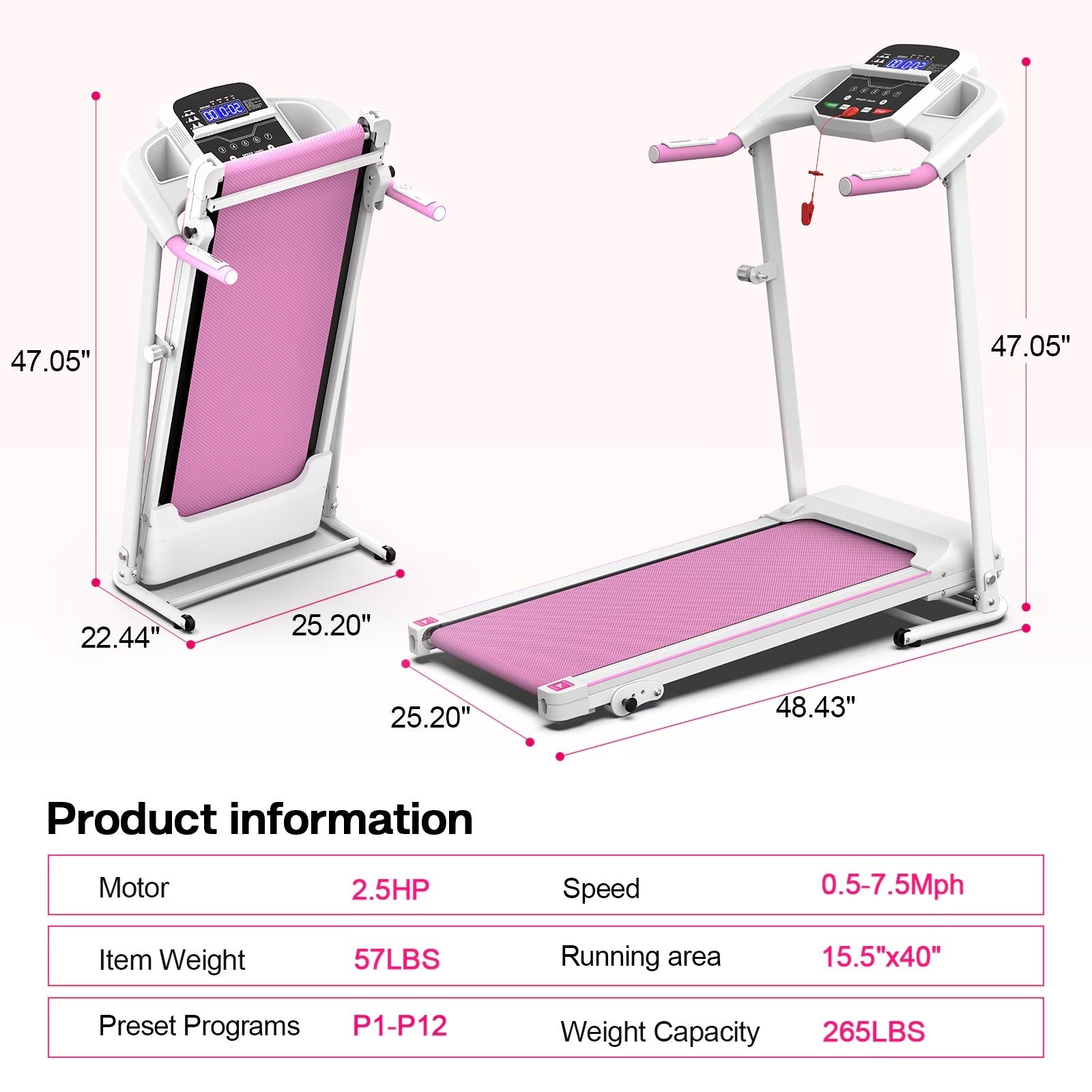 Folding Treadmill with Pulse Sensor, 2.5HP