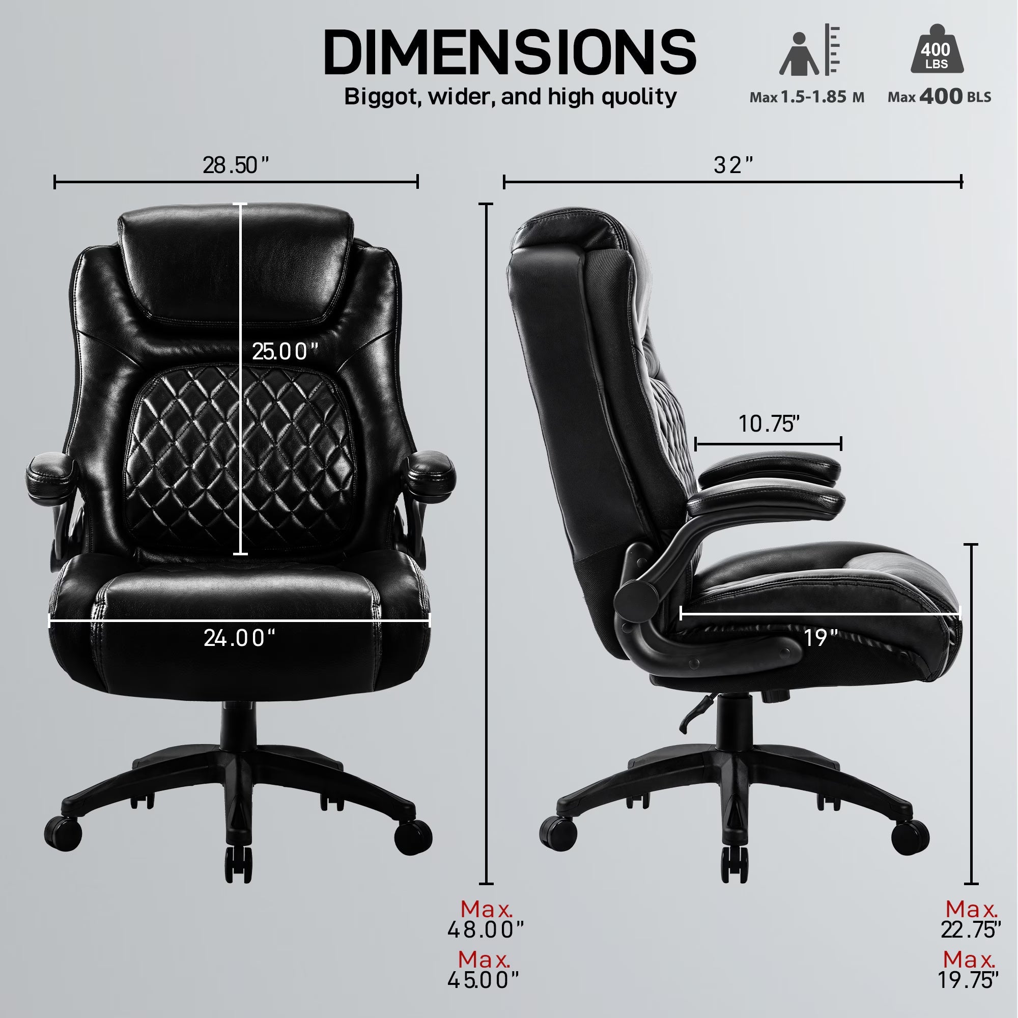 Wide-Seat Leather Office Chair, Flip-Up Arms, 400lb