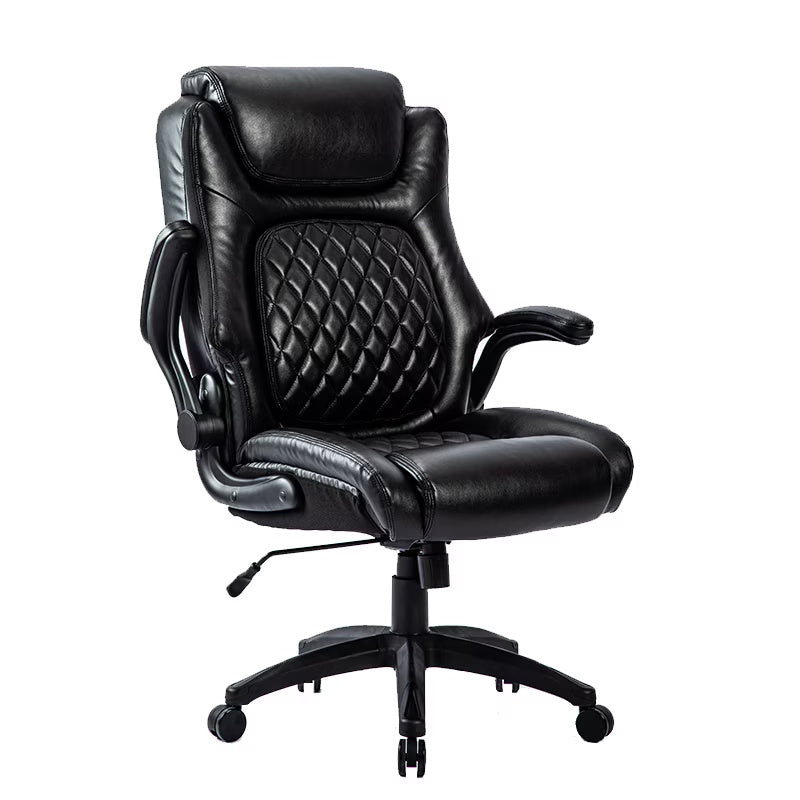 Wide-Seat Leather Office Chair, Flip-Up Arms, 400lb