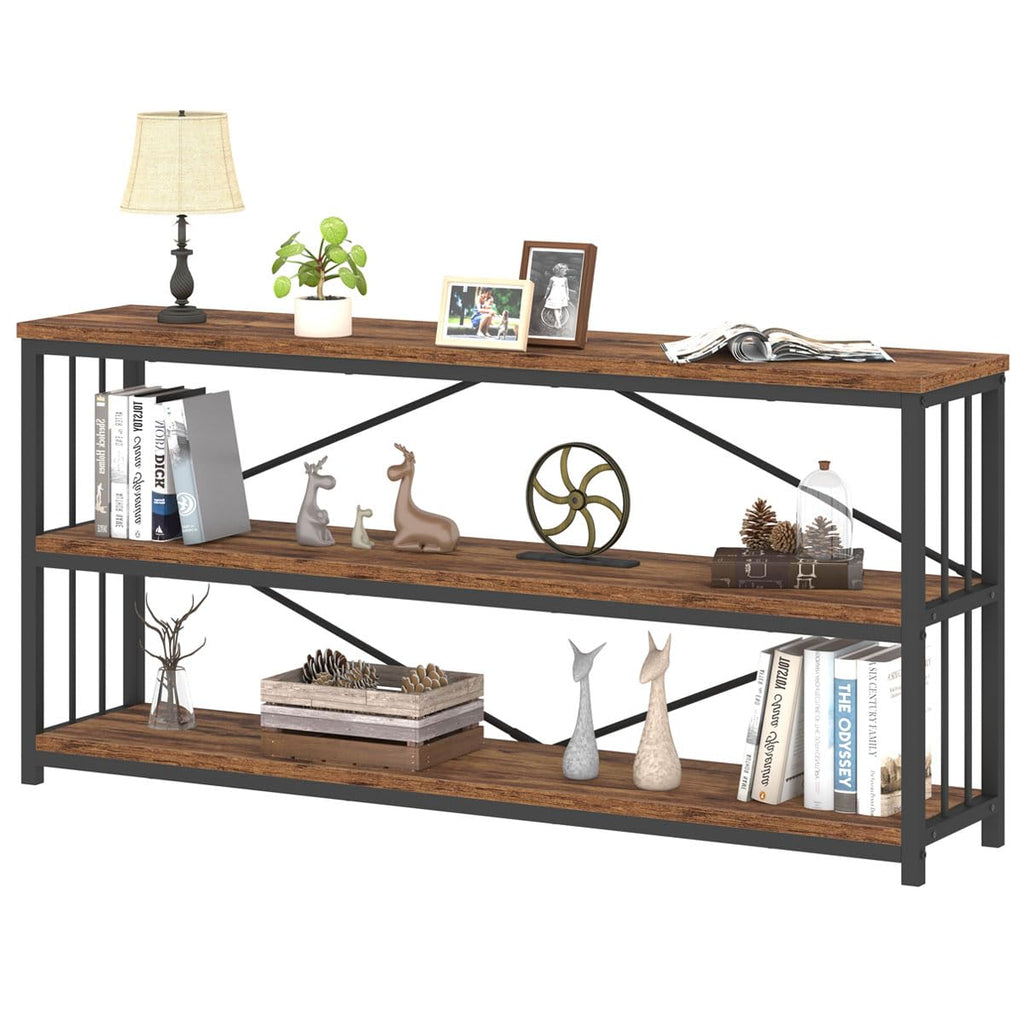 63-Inch Rustic 3-Tier Horizontal Bookshelf