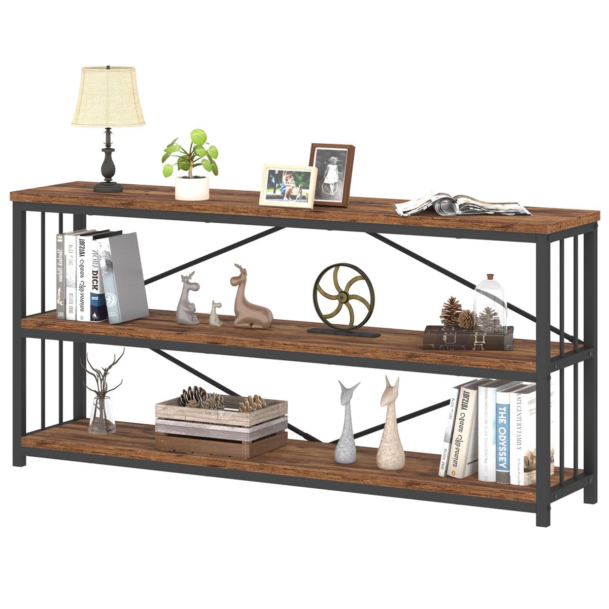63-Inch Rustic 3-Tier Horizontal Bookshelf
