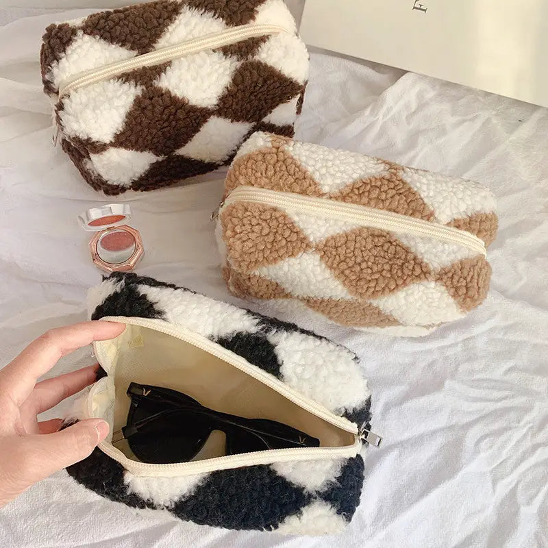 Checkered Plush Cosmetic Bag Aesthetic Travel Pouch
