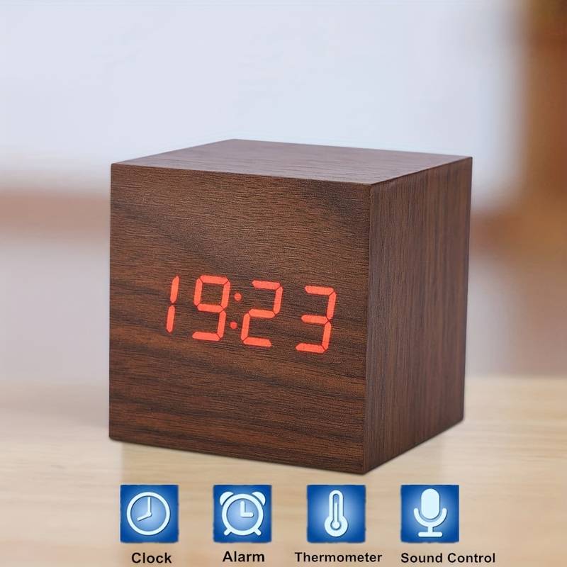 Digital Alarm Clock with Wooden LED Time Display