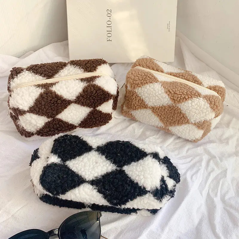 Checkered Plush Cosmetic Bag Aesthetic Travel Pouch