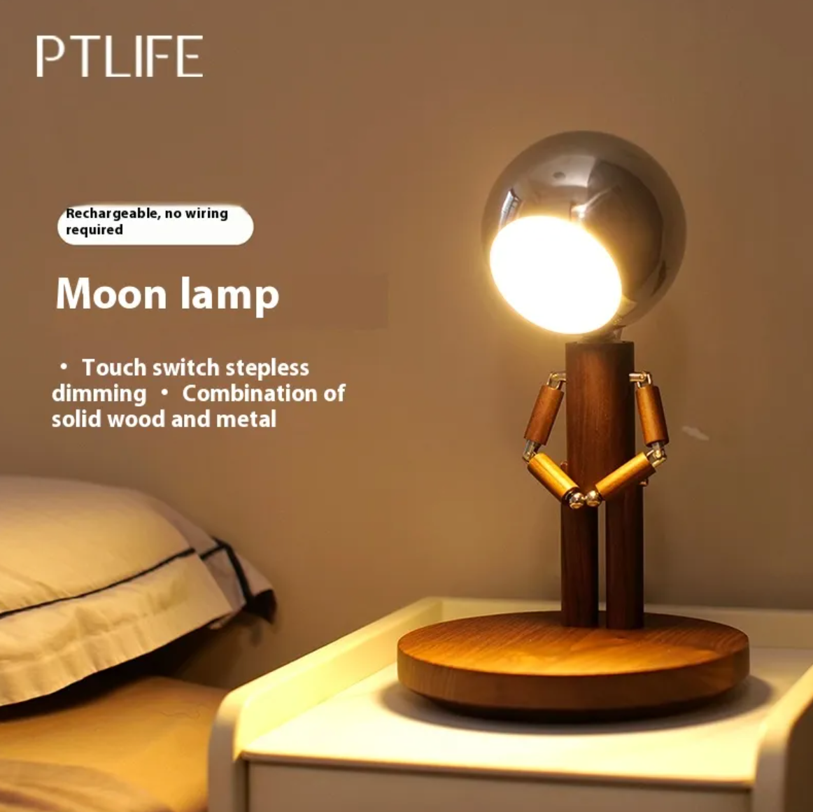 Solid Wood Moon Lamp with Desk Organizer Base