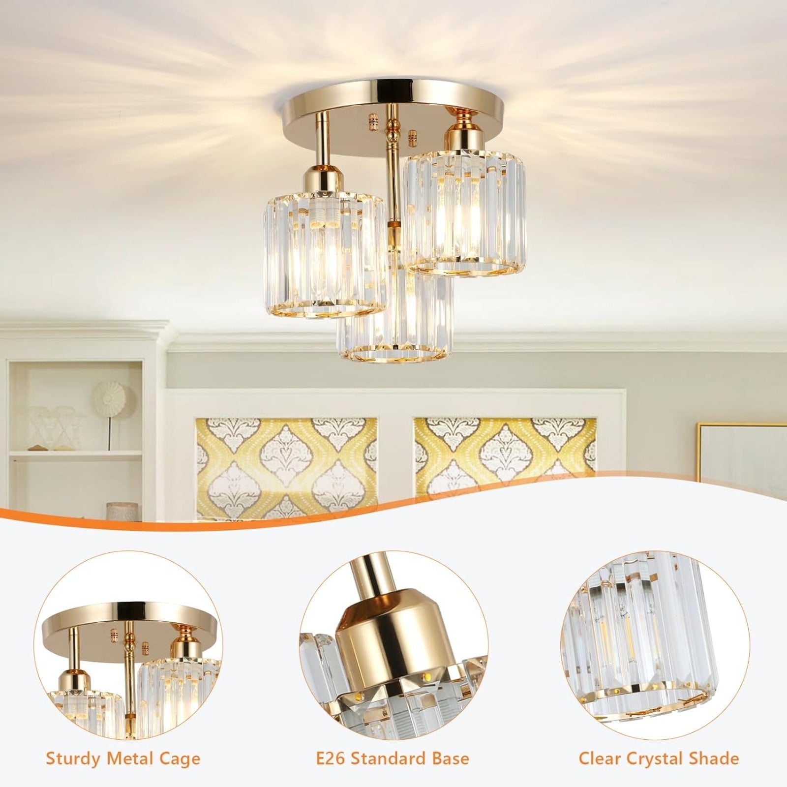 Modern 3-Light Crystal Semi-Flush Ceiling Light