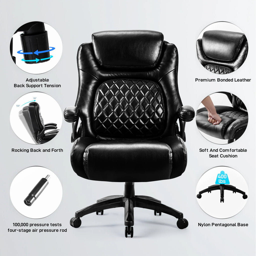 Wide-Seat Leather Office Chair, Flip-Up Arms, 400lb