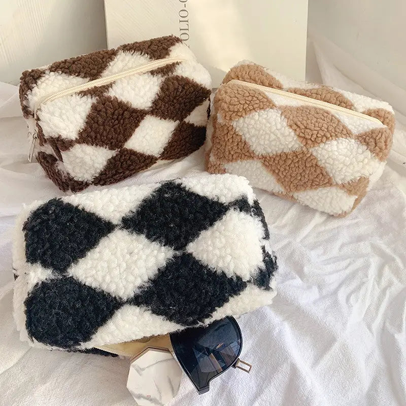 Checkered Plush Cosmetic Bag Aesthetic Travel Pouch