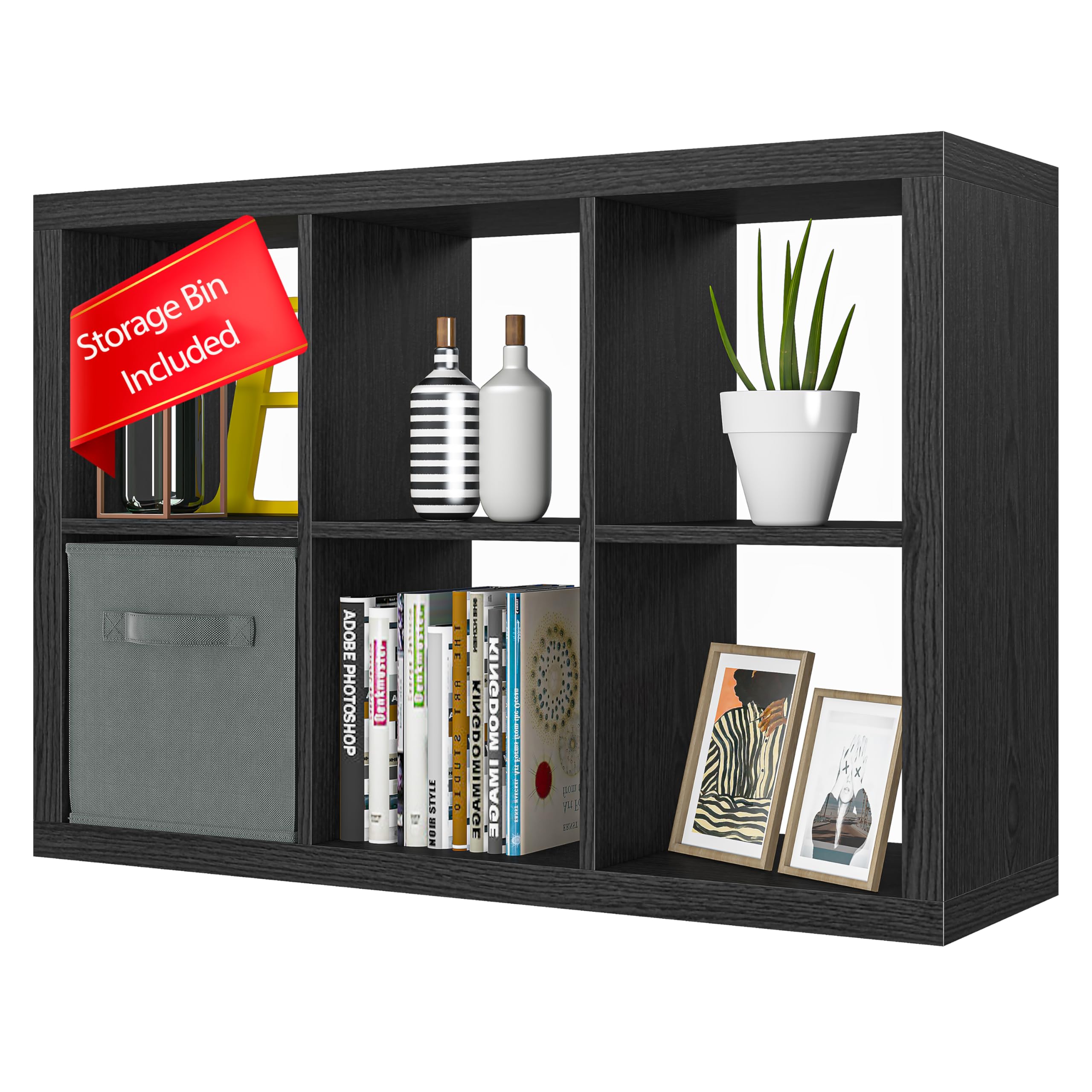 6-Cube Bookshelf with Storage Bins, Black