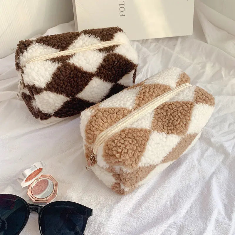 Checkered Plush Cosmetic Bag Aesthetic Travel Pouch