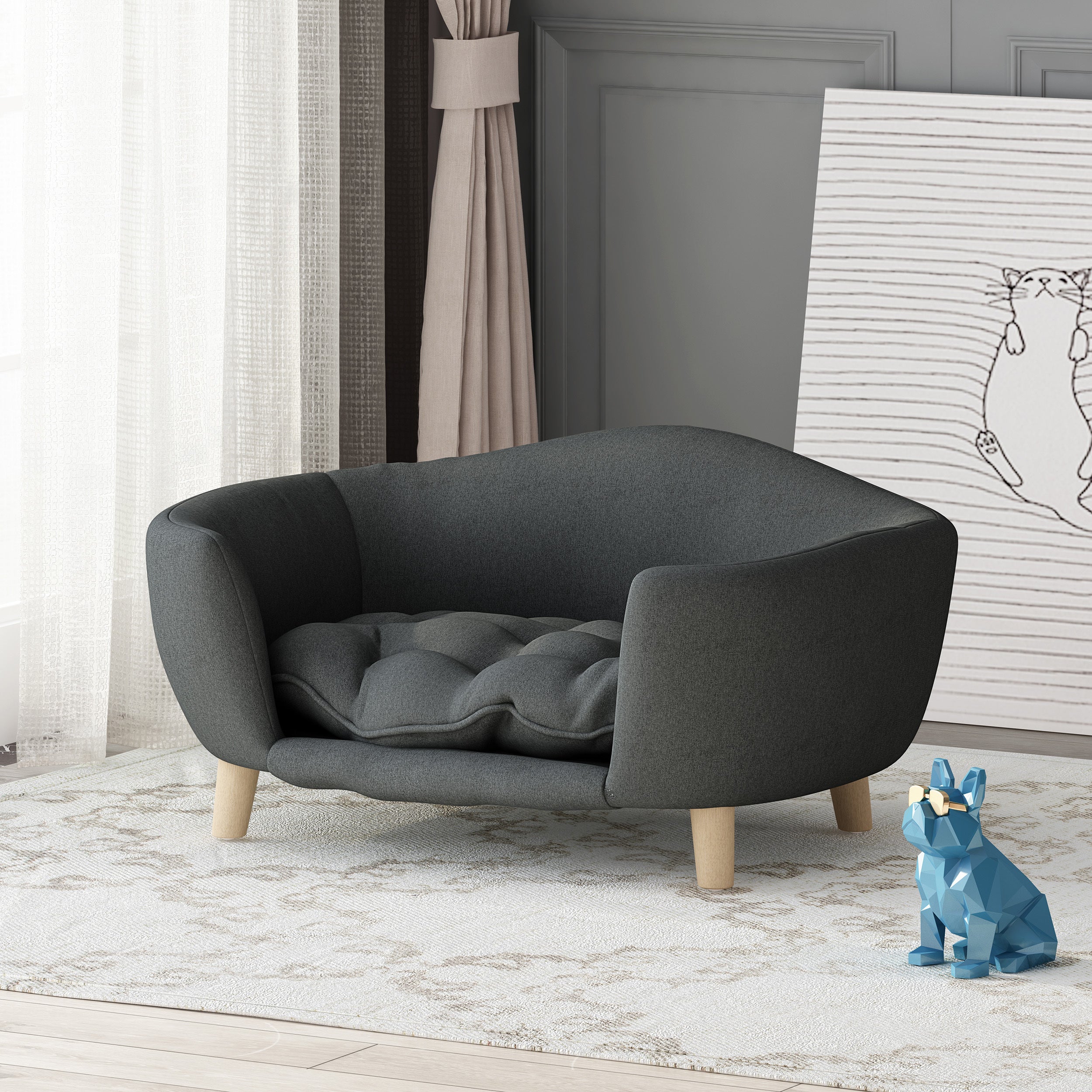 Mid-Century Tufted Dog Bed with Birch Legs