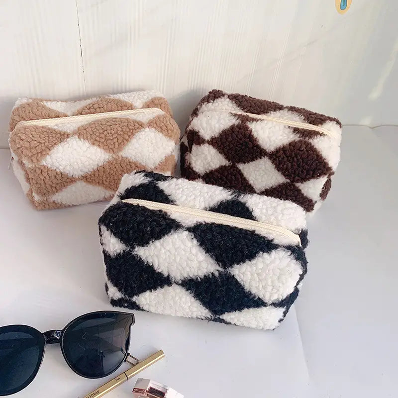 Checkered Plush Cosmetic Bag Aesthetic Travel Pouch