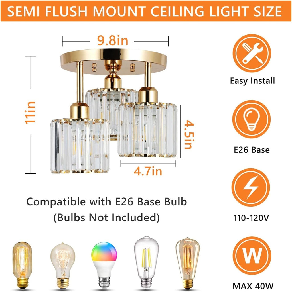 Modern 3-Light Crystal Semi-Flush Ceiling Light