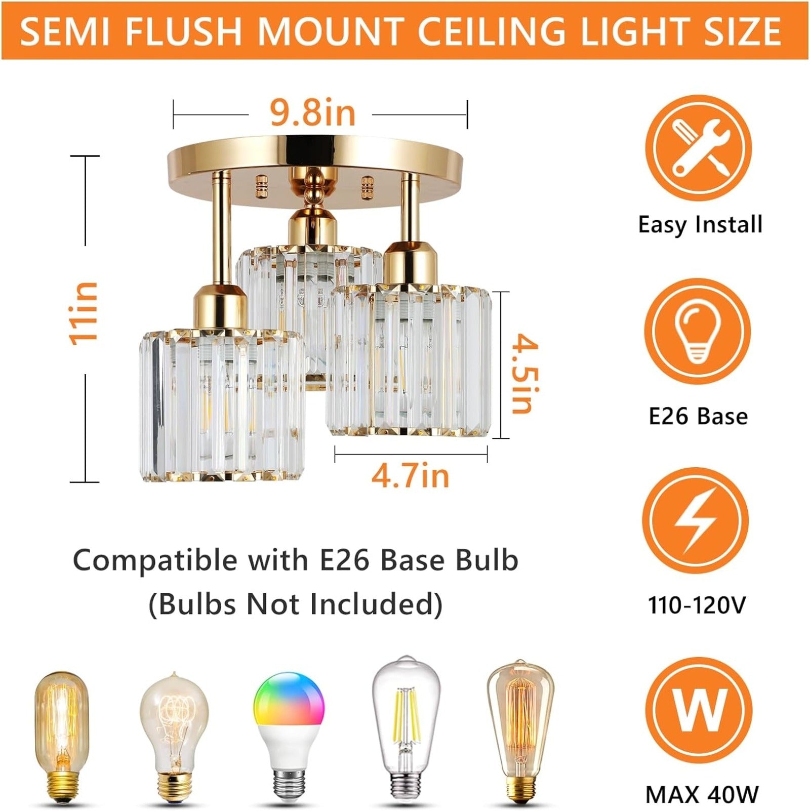 Modern 3-Light Crystal Semi-Flush Ceiling Light