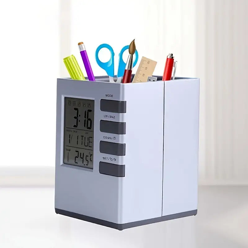 Retro Multifunctional Pen Holder Clock with Temp Display