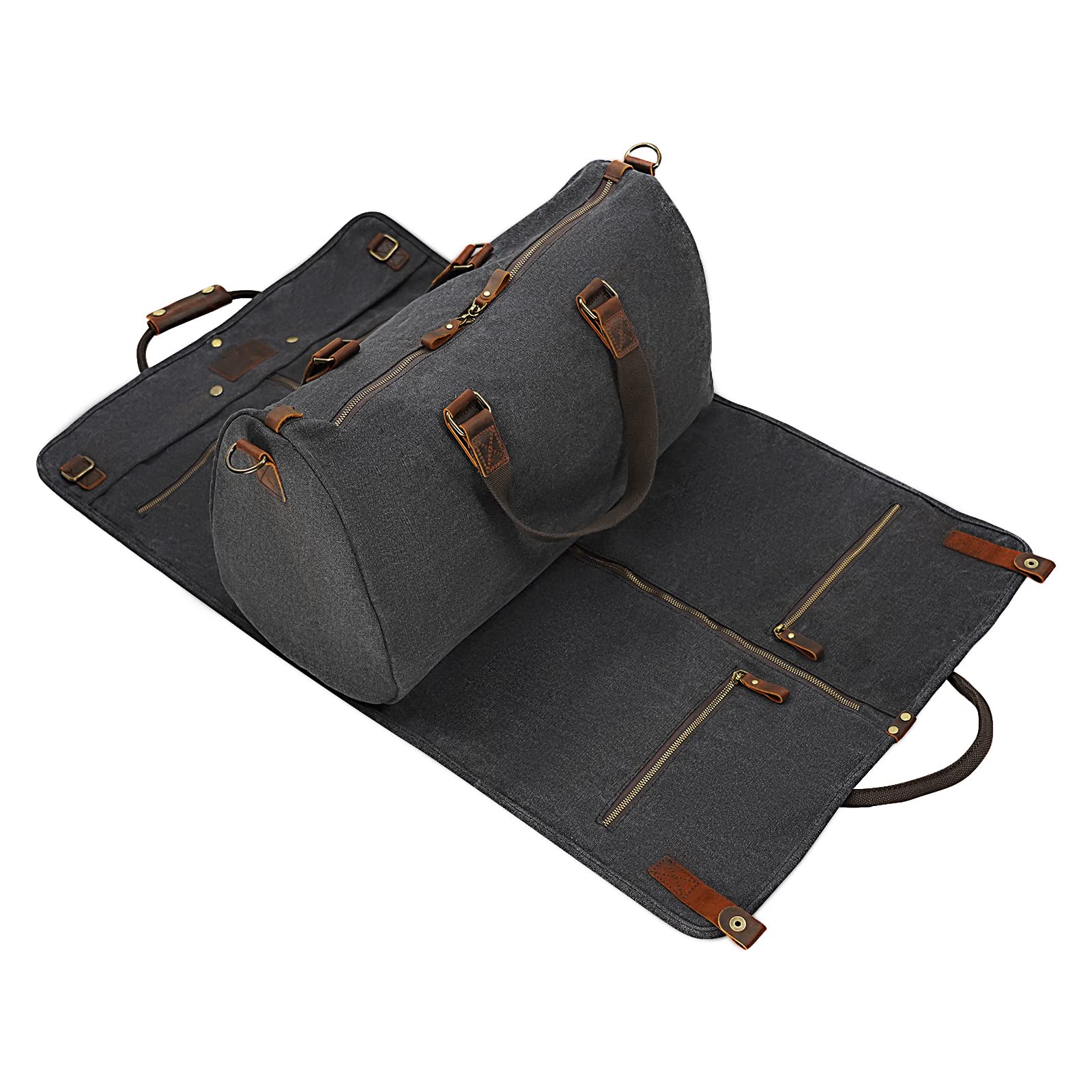 2-in-1 Canvas and Leather Suit Travel Bag with Garment Bag