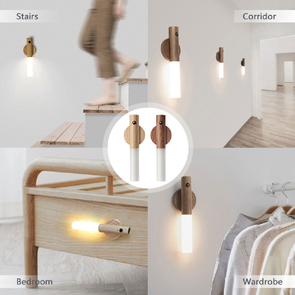 Auto LED USB Magnetic Wood Wireless Night Light PIR Motion Sensor