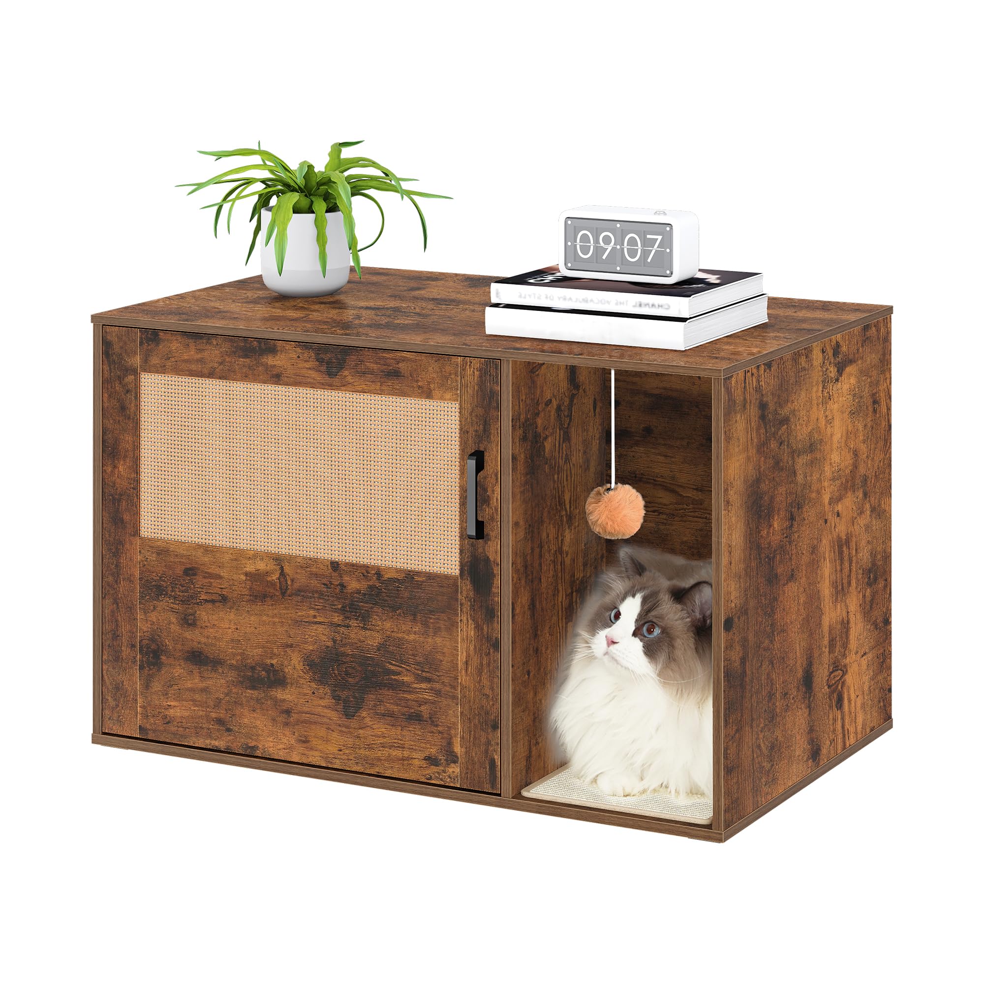 Boho Rattan Cat Litter Box Enclosure, End Table