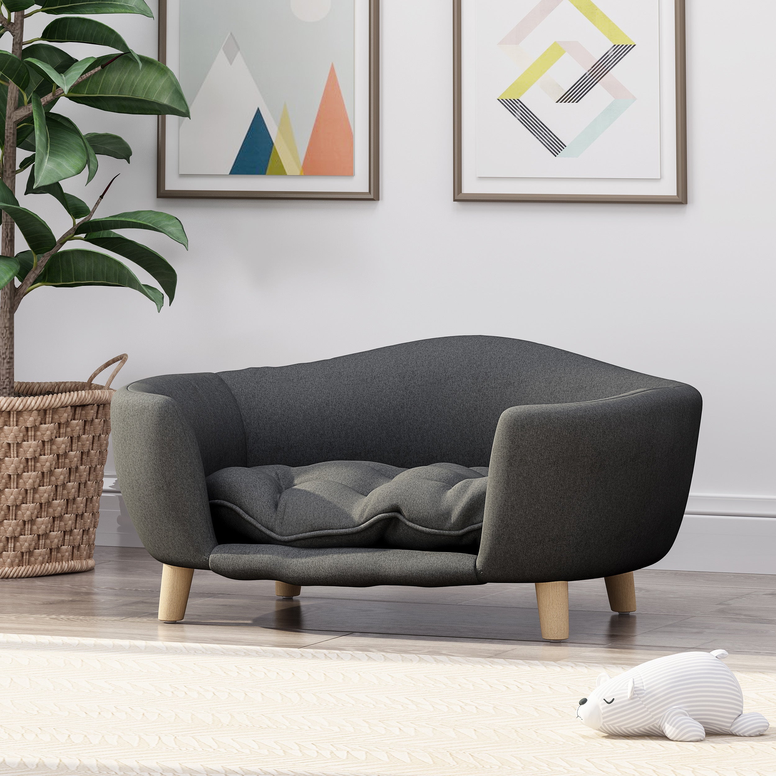 Mid-Century Tufted Dog Bed with Birch Legs